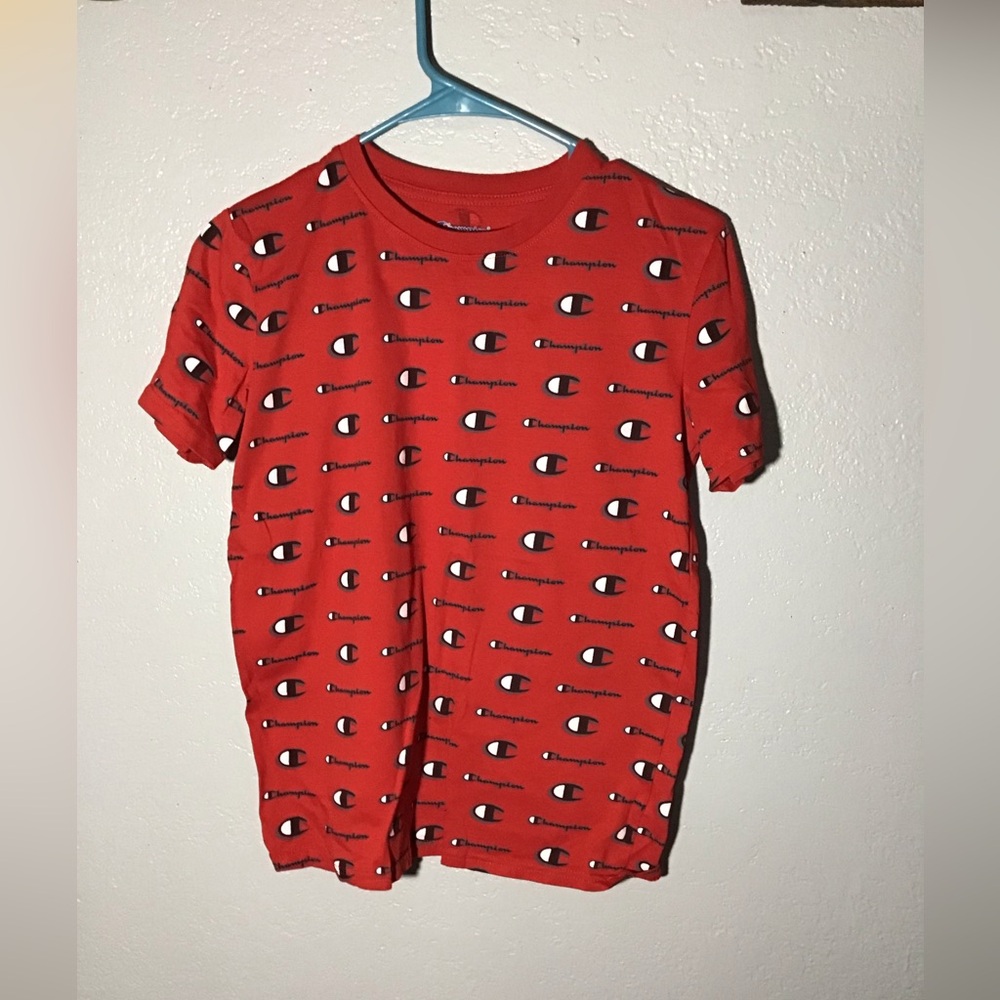 Champion Short Sleeve Tee. Red Tee With All Over Black Champion Logo Print Sz XL